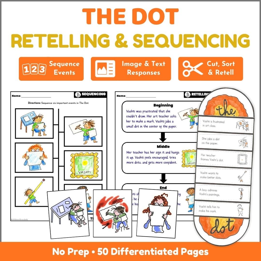 The Dot retelling and sequencing activities with differentiated worksheets, picture responses, and foldable retell