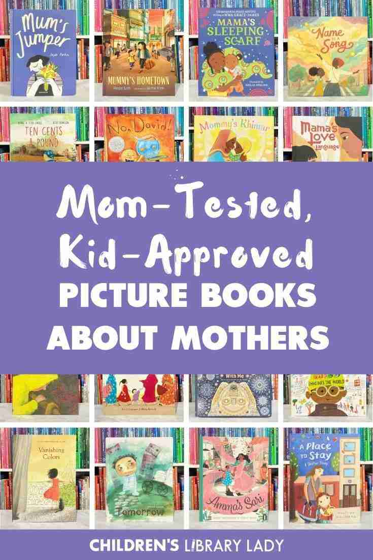 A vibrant collage of children's picture books about mothers adorns the bookshelf, showcasing colorful covers with heartwarming titles like "Mum's Jumper" and "Mama's Sleeping Scarf.
