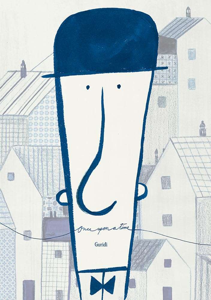 Illustration of a tall, thin man with a blue hat, simple facial features, and a bow tie. Behind him are sketchy outlines of houses. Perfect for fans of picture books about communication. Text at the bottom reads, "Once upon a time Guridi.