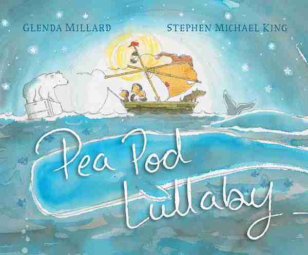 Illustrated book cover for "Pea Pod Lullaby by Glenda Millard," featuring people and a dog in a boat under a starry sky near a polar bear on an ice floe—a gentle story among books about mothers.