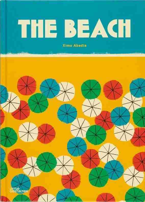 Book cover titled "the beach" by ximo abadia, featuring a colorful illustration of overlapping beach umbrellas on a sandy background.
