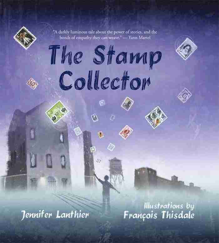 A captivating book cover titled "The Stamp Collector" by Jennifer Lanthier, with illustrations by François Thisdale, featuring floating stamps and dark buildings in a purple-hued background. Perfect for those who enjoy picture books about kindness.