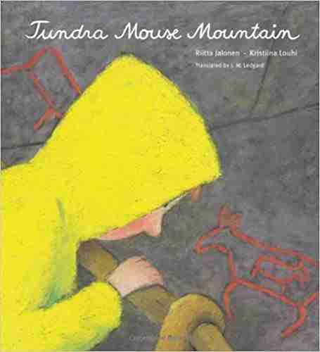 A child in a yellow jacket draws a red mouse on a gray sidewalk with chalk. the book title "tundra mouse mountain" is visible at the top.