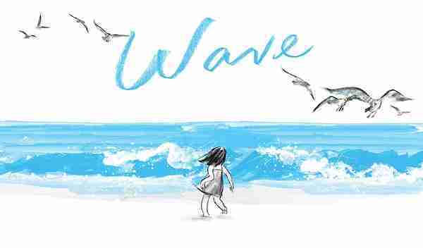 Illustration from "Wave by Suzy Lee": a girl stands on the beach facing ocean waves, birds flying above, with "Wave" in blue—capturing the gentle storytelling of wordless picture books.