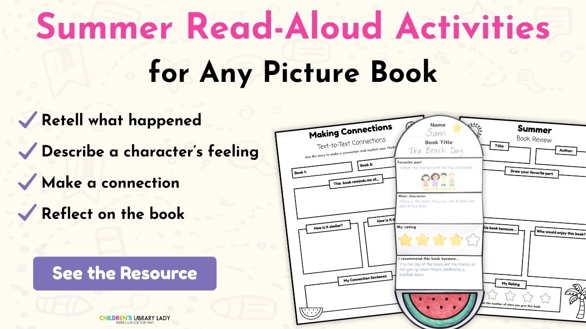 Product-style graphic titled “Summer Read-Aloud Activities for Any Picture Book” with bullet points for retelling, character feelings, making connections, and reflecting on the book.